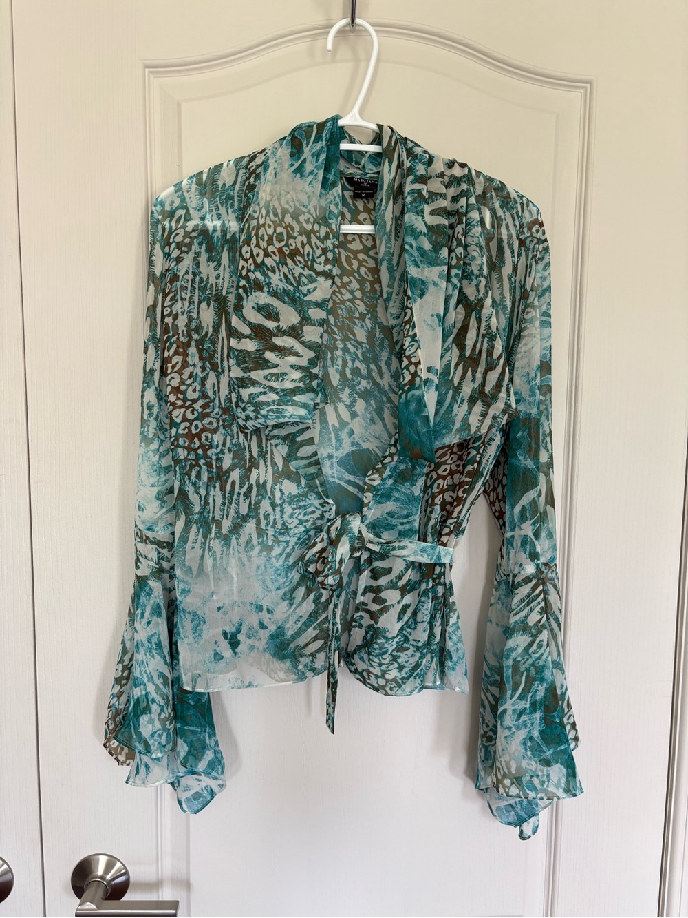 Guess by Marciano Teal and White Sheer Animal-Print Wrap Blouse